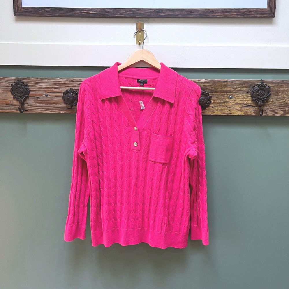 Talbots Plus Pink Cable Knit Polo Sweater Womens 1X Long Sleeve Cotton Blend NEW